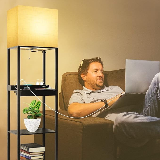 RUNTOP Plus Charging Station Floor Lamp with Wireless Charger, 2 USB-C Port, 2 Power Outlet, Floor Lamp with Shelves, 15W LED Bulb, 3 Colors, Memory Function, Standing Lamp for Living Room Bedroom