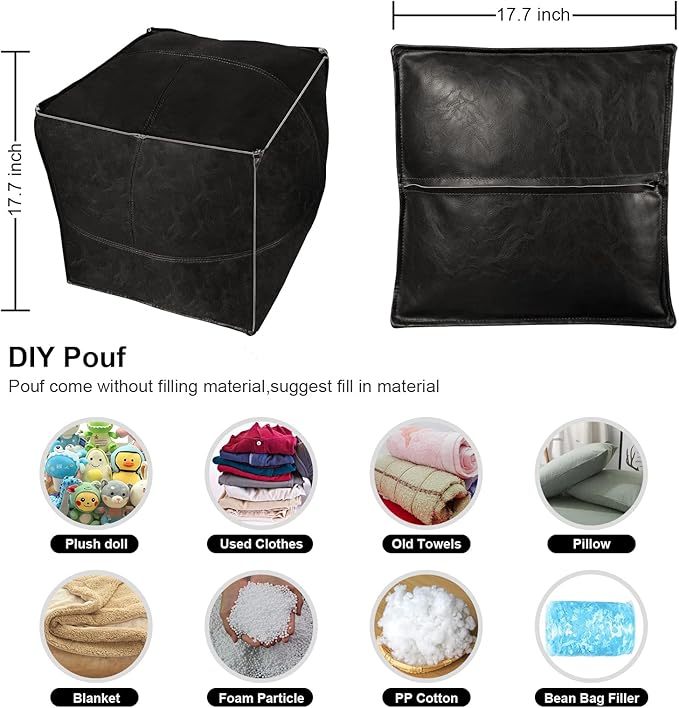Louis Donné Unstuffed Pouf Cover, Handmade Faux PU Leather Moroccan Pouf Ottoman, Black 17.7" Square Ottoman Foot Rest for Living Room, Floor Chair for Christmas Decorations, ONLY Cover