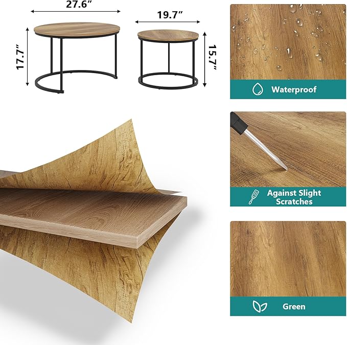 Smuxee Nesting Coffee Table Set of 2, 27.6" Round Coffee Table Wood Grain Top with Adjustable Non-Slip Feet, Industrial End Table Side Tables for Living Room Bedroom Balcony Yard