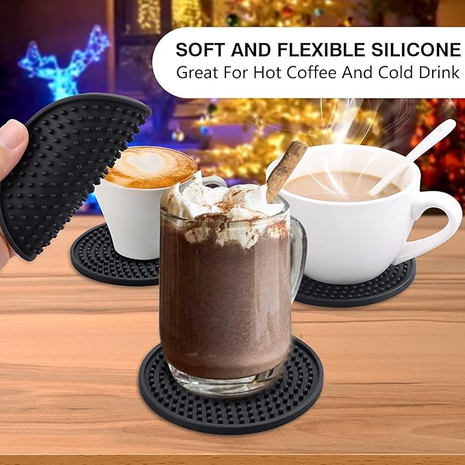 Silicone Coasters Set - Deep Grooved, Non-Slip & Non-Stick, Heat Resistant - Prevents Furniture & Tabletop Damages (Dots, 2Pack-Black)