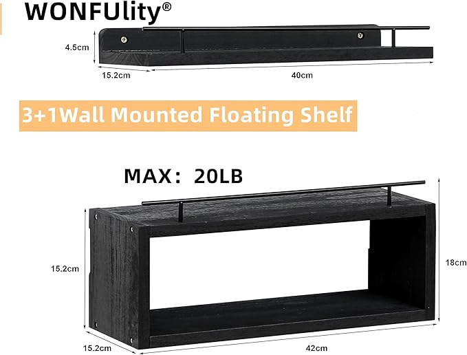 WONFUlity Bathroom Wall Shelves With Storage Basket, Over Toilet Paper Holder, Farmhouse Wood for Living Room, Bedroom, Kitchen, Wall Decor (2 Black)