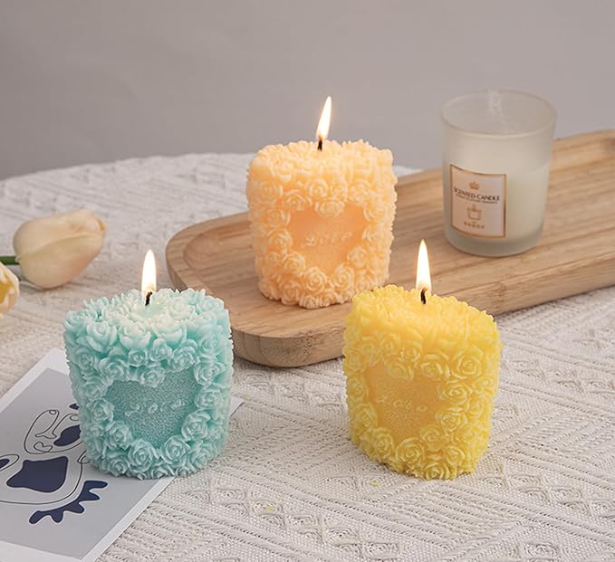 Rose Flower Clusters Aesthetic Scented Candle,Love Heart Handmade Soy Wax Aroma Decorative Candle for Table Photo Prop Valentine's Day Wedding Birthday Gift,Prefect for Meditation Stress (Yellow)