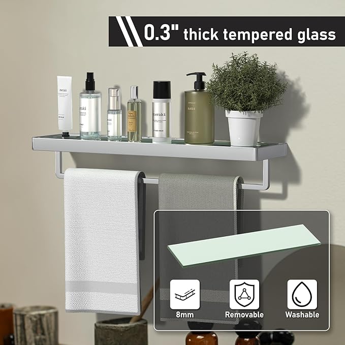Bathroom Shelves/Glass Shelf Wall Mount 20-in with Towel Bar/Rack Floating Shelves for Bathroom Tempered Glass Rectangular 1 Tier Organizer Wall Shelf (Chrome Polished, 20'')