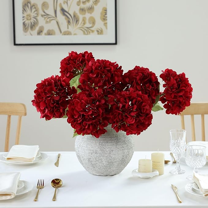 mizii 4Pcs Burgundy Artificial Hydrangea Flowers Large Fake Silk Hydrangea Flower with Leaves Stems Realistic Faux Hydrangeas Decorations for Wedding Table Centerpieces Vase Home Decor (Burgundy)