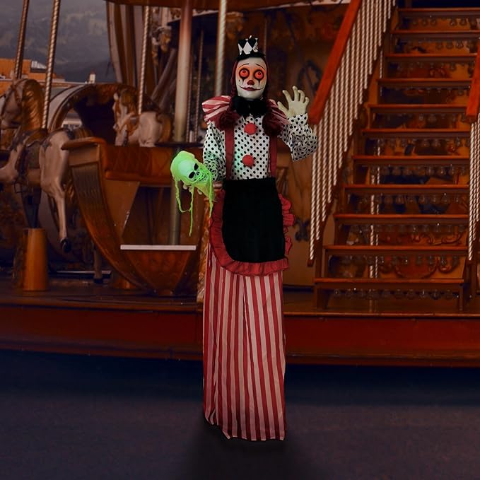 Haunted Hill Farm Life-Size Scary Talking Clown Girl, Creepy Halloween Prop with Touch Activated Lights, Poseable, Battery Operated Indoor or Covered Outdoor Halloween Decorations