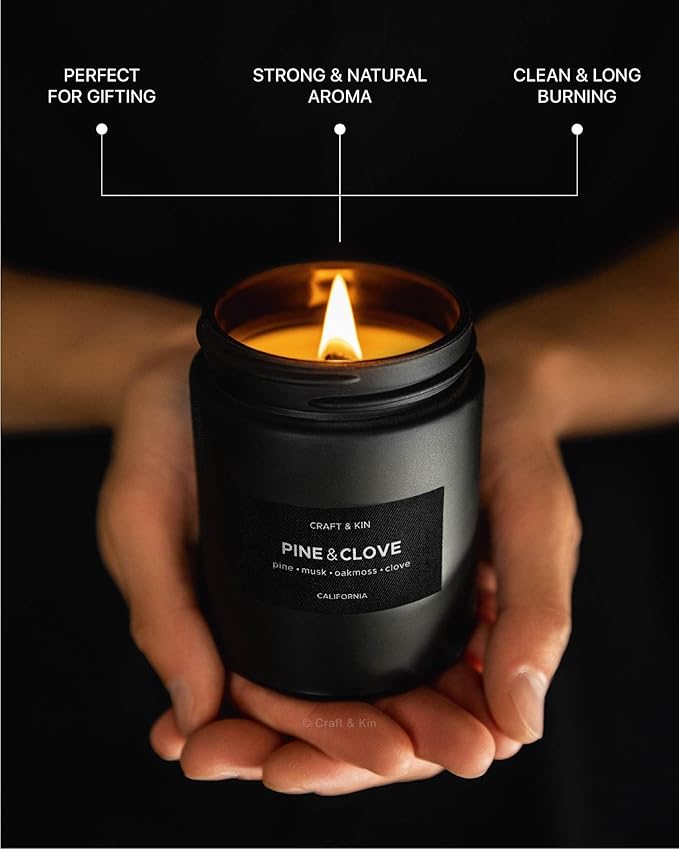 Craft & Kin Premium Pine & Clove Candle | Black Spring Scented Candles for Home | Long Lasting with 45 Hour Burn Time, 7.6oz | Made with Soy | Aromatherapy at Home | Gifts for Men