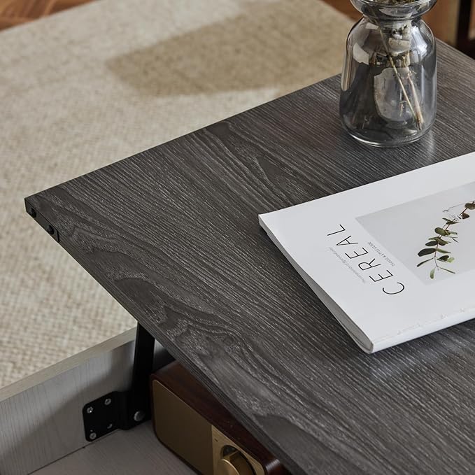 VINGLI Lift Top Coffee Table, Charcoal Top with White Frame, Farmhouse Cross-Sided Design, with Storage Shelf/Hidden Compartment, Gas Lift Mesa De Centro para Sala Pop Up Coffee Table