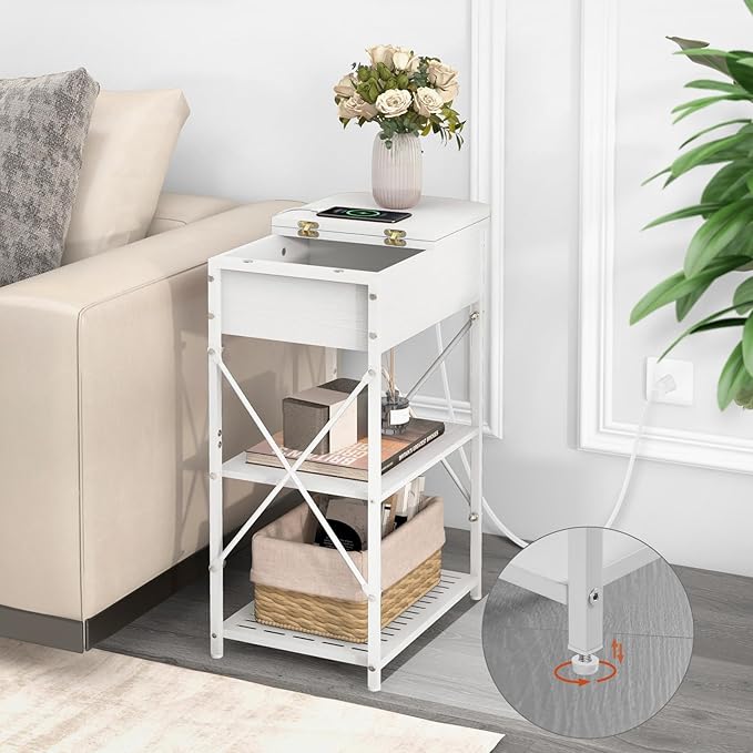 Narrow Side Table with Charging Station, End Table with 3 USB Ports and 2 AC Outlets, Flip Top End Table with Storage, White Side Tables Living Room, Nightstand with Drawer for Bedroom