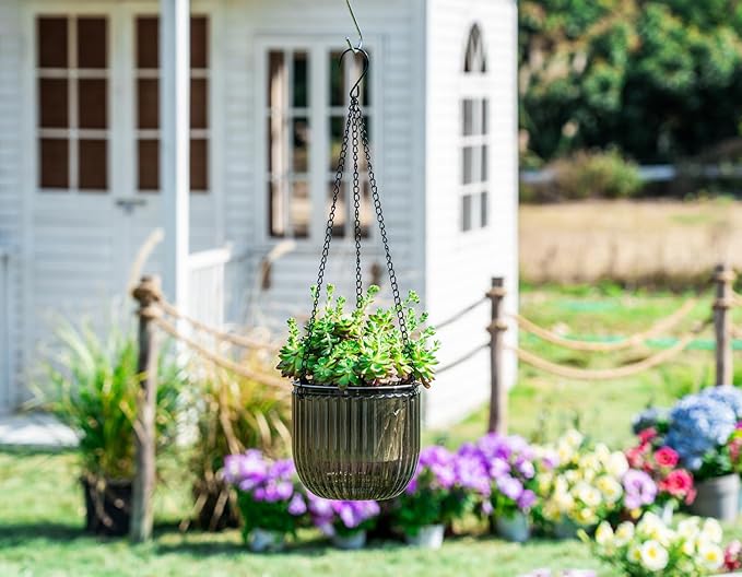 Melphoe 2 Pack Self Watering Hanging Planters Indoor Flower Pots, 6.5 Inch Outdoor Hanging Plant Pot Basket, Plant Hanger with 3Hooks Drainage Holes for Garden Home (Gray + White)