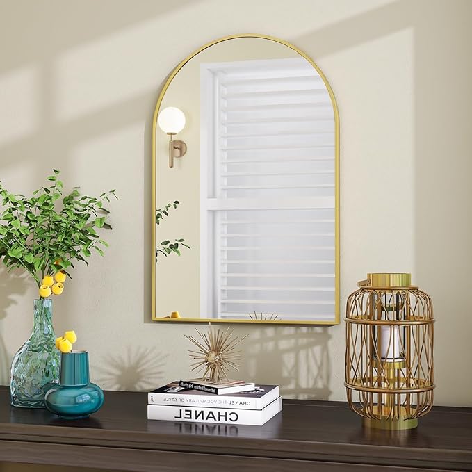 Arched Wall Mirror, 20 x 30 inch Arch Bathroom Mirror, Wall Mounted Vanity Mirror with Arch Metal Frame, Modern Bathroom Vanity Mirror for Bedroom, Living Room, Hanging or Leaning, Gold