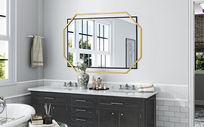 Large Living Room Wall Mirror with Decorative Metal Frame, Black and Gold Bathroom Mirror, Dining Room, Entryway (48.5"x32.5")