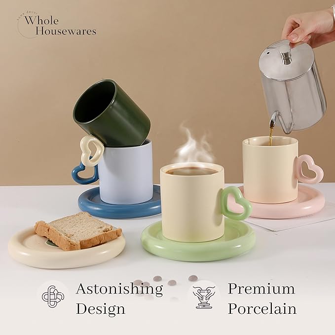 Ceramic Coffe Mug - Creative Cup of Art Aesthetic Mugs - Tea Cup with Extra Wide Loop and Bottom - Unique Handle Design - Chunky Mugs - Dishwasher and Microwave Safe - Trendy Mugs - Set of 4