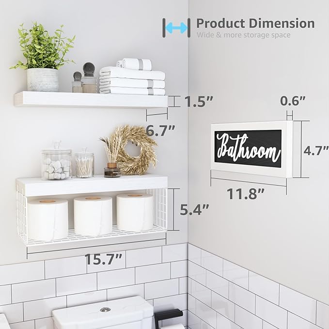 QEEIG Bathroom Shelves Over Toilet - Paper Storage Wall Mounted Farmhouse Decor Decorations Aesthetic Décor Sign Small Floating Shelf 2+1 Set 16 inch, White (020WW)