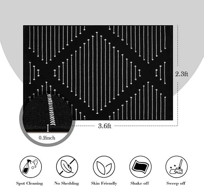 LIVEBOX Black Outdoor Entry Rug 2.3' x 3.6', Boho Porch Rug Washable Cotton Moroccan Front Door Mat,Hand-Woven Area Rugs Throw Carpet for Layered Entryway,Front Door Decor