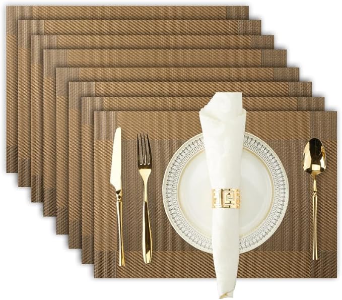 Brown Placemats Set of 8-Durable PVC Vinyl Woven Place Mats for Dining Table Heat Resistant Non-Slip Washable Indoor/Outdoor Table Mats 12 x 17 inch