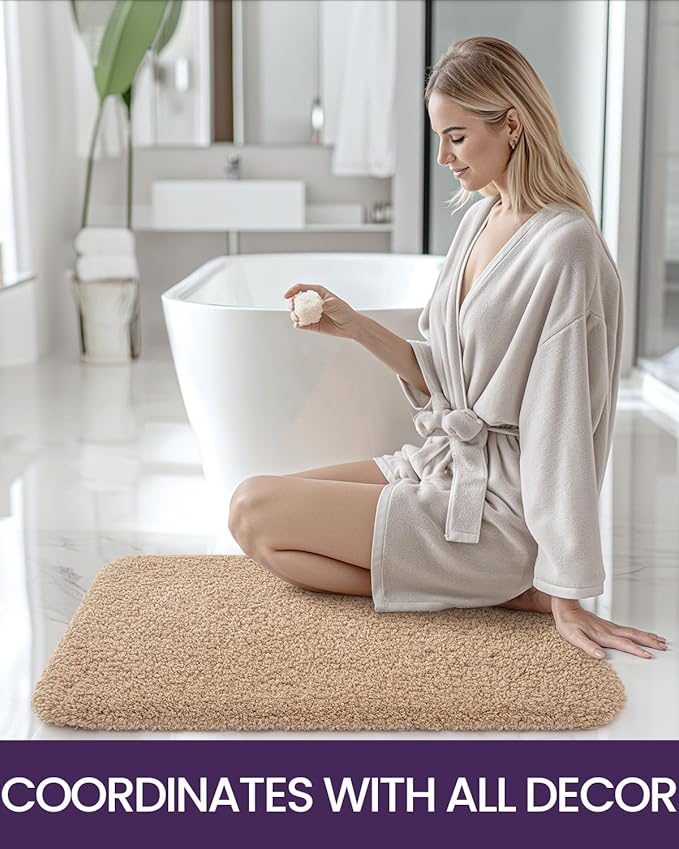 DEXI Bathroom Rug Mat 24x16, Extra Soft and Absorbent Bath Rugs, Washable Non-Slip Thick Carpet Mat for Shower Floor, Tub, Beige