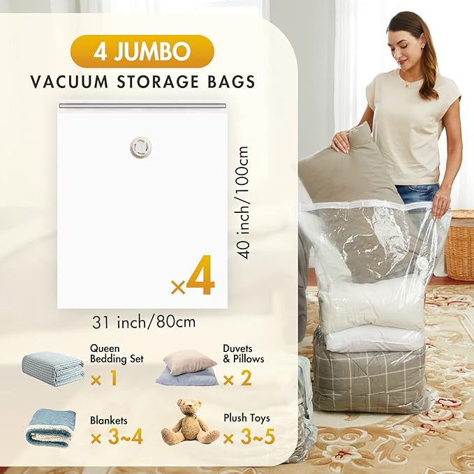 TAILI 4 Pack Vacuum Storage Bags, Jumbo Vacuum Seal Bags for Clothing (40x31 Inch), Space Saver for Bulky Bedding, Comforters, Blankets, Pillows, Large Closet Organization and Storage