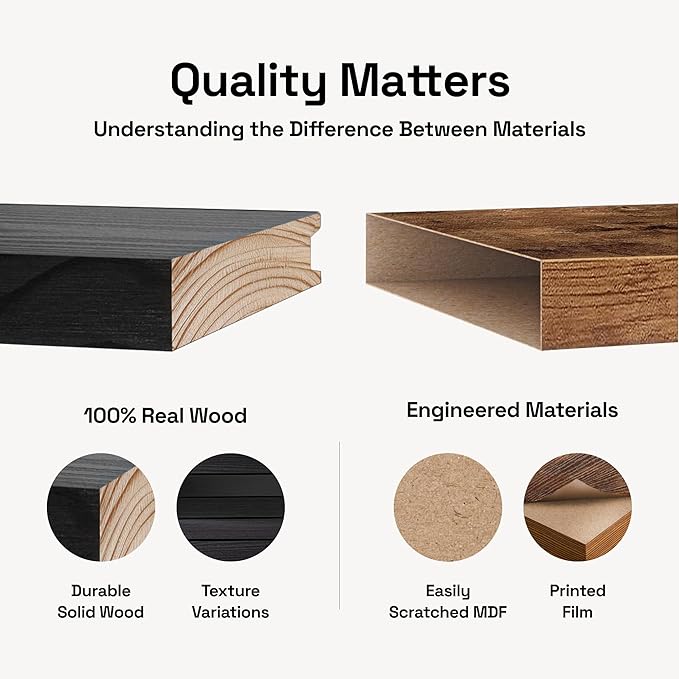 BAOBAB WORKSHOP Wood Floating Shelves for Bathroom Wall - Black Shelf 24 inch - Solid Wood Shelves for Wall for Bedroom Kitchen Living Room - Black Floating Shelves - 24 x 6.7 Inch, Set of 2