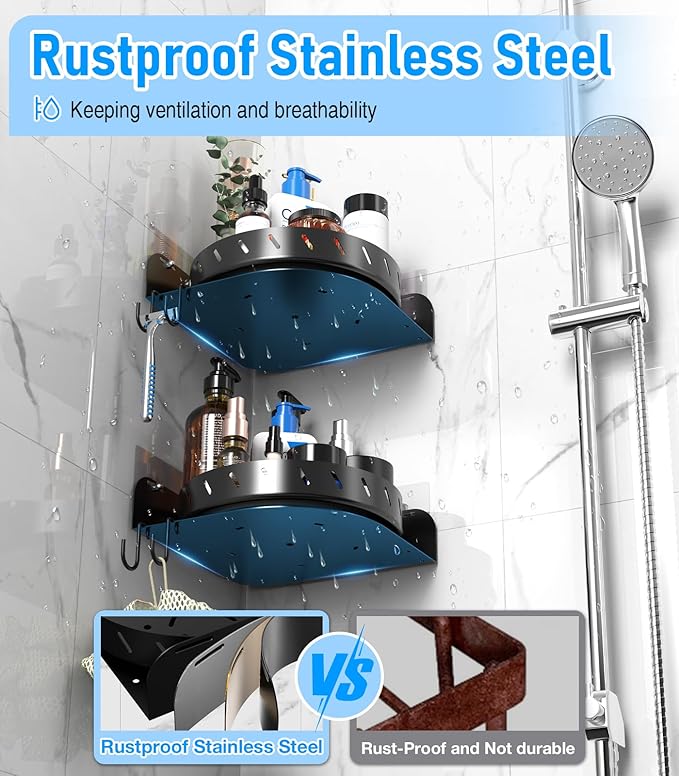 360°Rotating Corner Shower Caddy Shelf With 6 Hooks,2PACK Bathroom Shower Organizer Corner with 5Pcs Adhesive,Stainless Steel Corner Shower Racks for Inside Shower for Home Apartment Decor(Black)