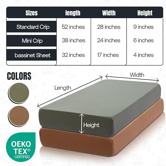 Baby Crib Standard Sheet, 100% Cotton Knitted Jersey, Pack n Play Sheet, Fitted Crib Sheets, Super Soft, Durable, Toddler Fitted Sheet, Green & Mustard Grey 28"x52"x9"'