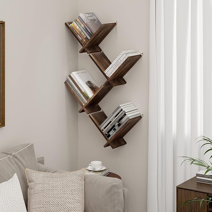 Afuly Floating Shelves for Wall, Funky Wall Mount Bookshelves Small Natural Wood Bookshelf Hanging Storage Organizer Modern Home Decor for Living Room Bedroom Study Tabletop, Set of 2 Brown
