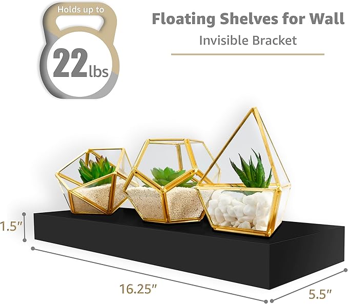Sorbus Floating Shelves for Wall, Bathroom Shelves Wall Mounted for Kitchen, Bedroom, Bathroom Storage Over Toilet, Hanging Book Shelf for Wall Home Decor Living Room (Black, 2 Pack)