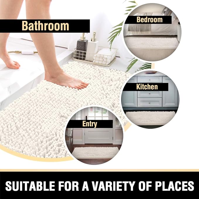 H.VERSAILTEX Bathroom Rugs Bath Mats Non Slip Chenille Bathroom Runner Rug 47x17 Extra Soft and Absorbent Shaggy Rugs Washable Dry Fast Plush Area Carpet Mats for Bath Room, Tub - Ivory