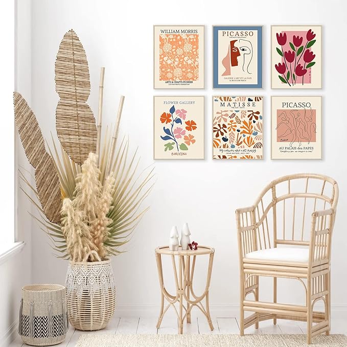 Flower Market Posters Set of 6, Abstract Flower Market Wall Art Prints Exhibition Poster Set, Vintage Matisse Print Picasso Print William Morris Painting Pictures, Boho Room Decor(8x10inch, Unframed)