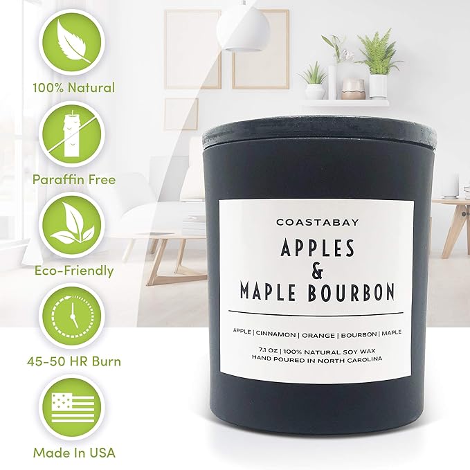Apples & Maple Bourbon Candle | Natural Soy, Highly Scented Fall Candles, Long Lasting 45 Hour Non-Toxic Burn, Minimalistic & Modern Design, Hand Poured in The USA – 7.1oz