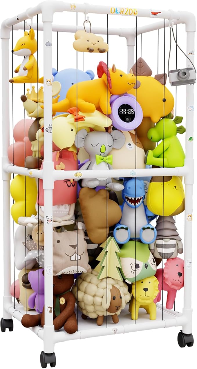 Extra Large Stuffed Animal Zoo Cage with Wheel, Stuffed Animal Storage Shelves Display, Plush Animal Storage Holder for Stuffed Animals, Playroom, Bedroom, Nursery, Kids Toy Storage Organizer