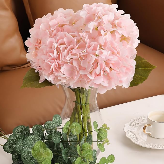 Tifuly Fake Hydrangea Artificial Flowers with Vase 4pcs Real Touch Faux Hydrangea with 3pcs Eucalyptus Stems for Wedding Centerpiece Home Party Table Decoration(Pink)