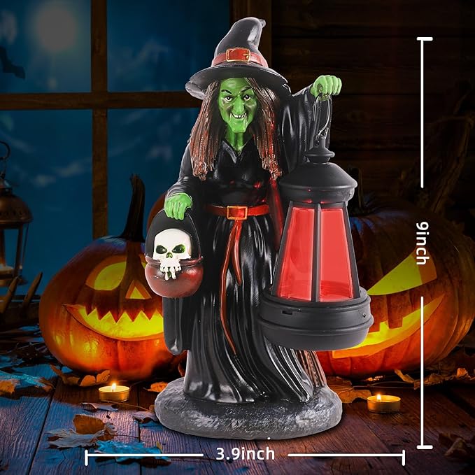 Witch Halloween Decorations with Solar Lantern - Unique Resin Witch Figurine, Ideal Gift for Halloween Lovers, Outdoor Yard Garden Decoration