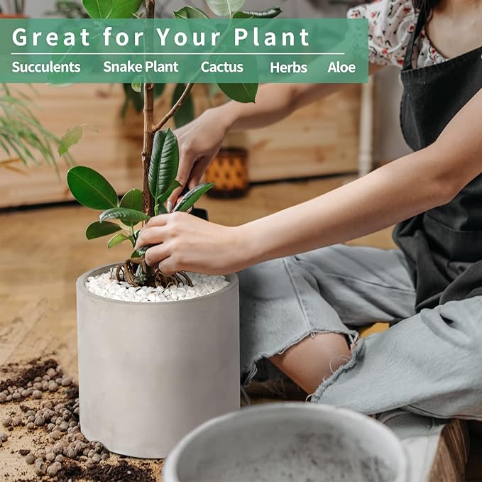 Cement Plant Pots Indoor - 12 inch Concrete Planter Pot for Planting - Modern Stone Clay Flower Pot with Drainage Hole for Garden, Home, Office Decor, Grey