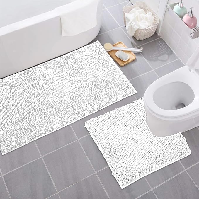 Bathroom Rugs Sets 2 Piece, Luxury Chenille Bath Mat Set, Soft Plush Anti-Slip Bath Rug + U-Shaped Toilet Mat. Microfiber Shaggy Carpet, Super Absorbent (24” x 36” & 20” x 24” U, White)