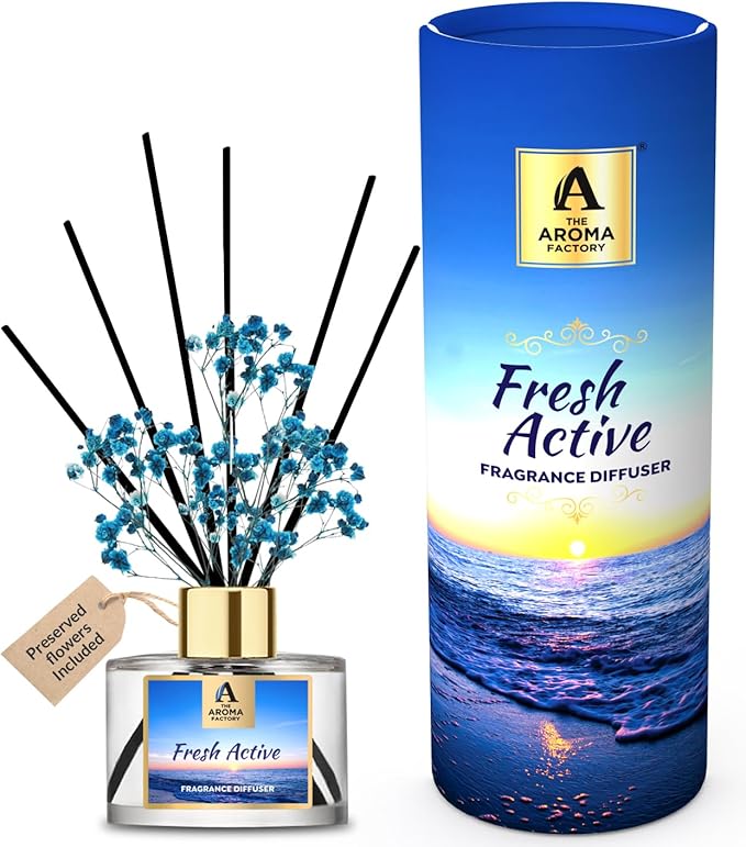 The Aroma Factory Fragrance Reed Diffuser Set with Natural Essential Oil, Aroma Sticks & Real Preserved Flowers | Luxury Home Decor Scent (Fresh Active, 1 Pack)