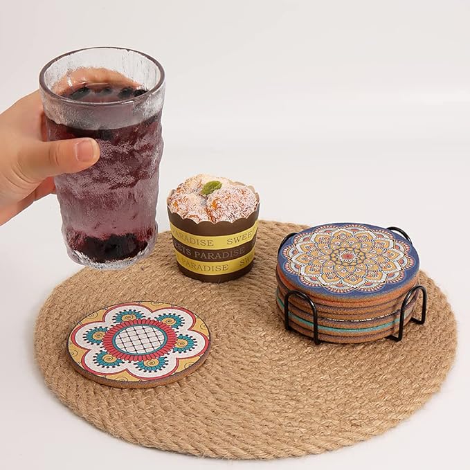 Coasters Set of 8,Cork Coasters for Drinks,Colorful Drink Coaster with Holder,Cute Coaster for Coffee Table,Boho Decor for Apartment Home Bar,Boho Gifts for Women