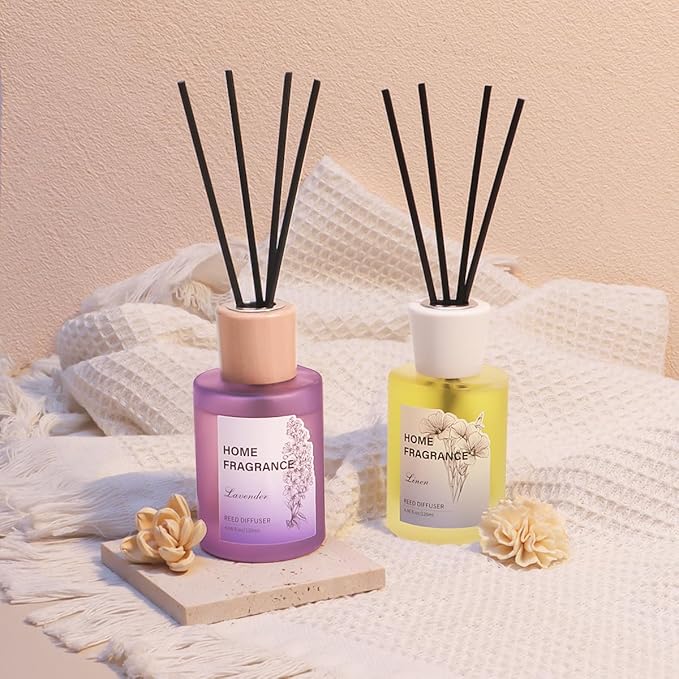 Reed Diffuser - Linen&Lavender 4.06oz (120ml) 2 Packs Essential Oil Reed Diffuser Set with 16 Sticks, Long Lasting Fragrance for Home, Bathroom, Bedroom, Room, Decor