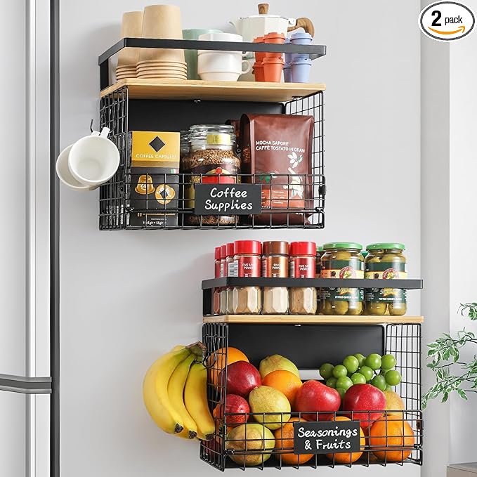 2 SET Strong Magnetic Shelf for Fridge with Tag & Bamboo Top, XXL Large Capacity Magnetic Spice Rack Shelves for Side of Refrigerator, Kitchen Pantry Storage Organizer, Multiuse Food Fruit Veg Baskets