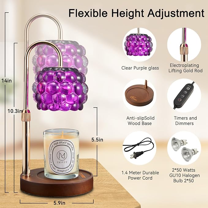 Candle Warmer Lamp with Timer Adjustable - Height Candle Warmer, Dimmer, Vintage Glass Wax Melting Lamps for Home Decor, for Candles in Jars with 2 Bulbs