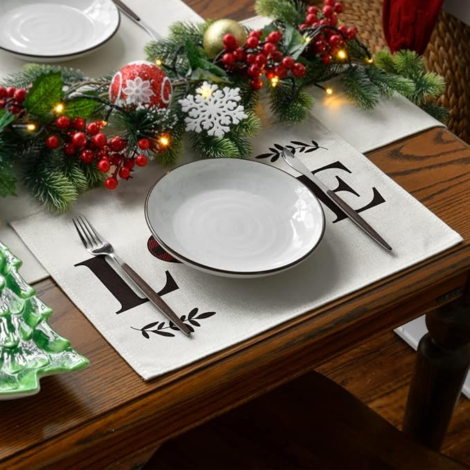 Artoid Mode Placemats for Dining Table Red Buffalo Plaid Love Home Family Together, 12 x 18 Inch Winter Holiday Washable Table Mat Set of 4