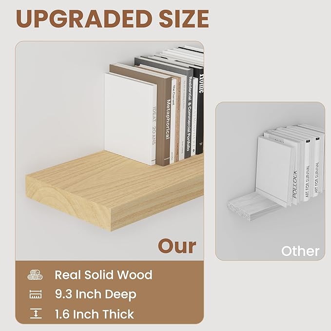 Floating Shelves24 Inch Long , 9 Inch Deep Floating Shelves for Wall, Solid Wood Floating Shelf, Deep Wall Shelves for Living Room, Bathroom, Kitchen, 24"W x 9.3"D x 1.6"H, Natural Color, Set of 2