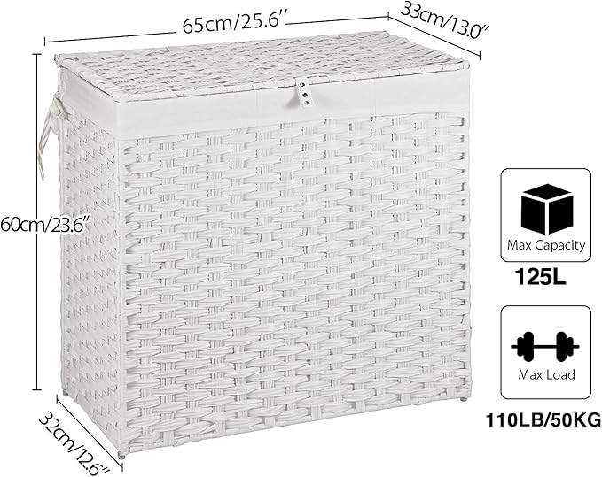 Greenstell Laundry Hamper with Lid, 125L Large Clothes Hamper with 3 Section & 2 Section Removable Liner Bags & 5 Mesh Laundry Bags, Handwoven Synthetic Rattan Divided Laundry Basket, White