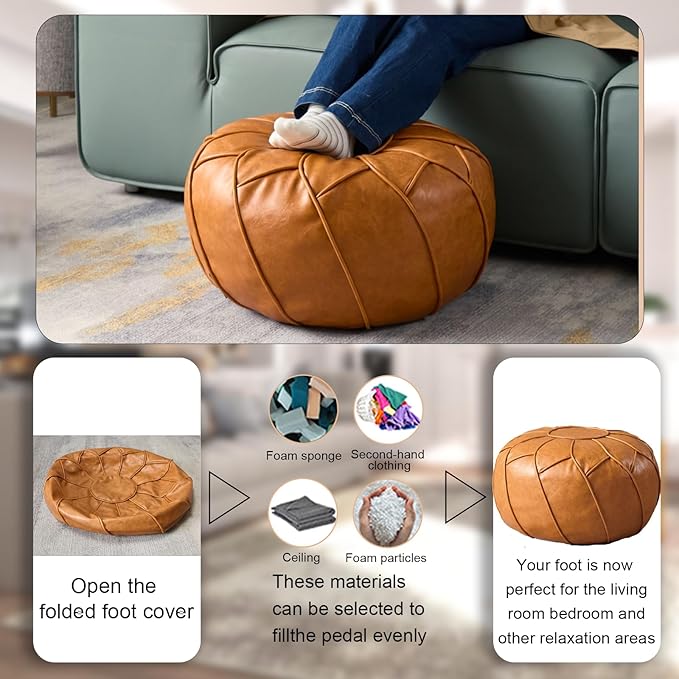 Louis Donné Unstuffed Pouf Cover, Round Foot Stool Ottoman for Foot Rest, Storage Bean Bag Floor Chair, Waterproof Faux Leather Pouffe, Footstool for Living Room, Kids Room or Bedroom (Yellowish)