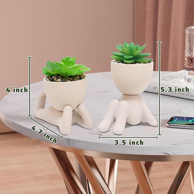Zerzsy 2PCS Cute Artificial Succulent Plants with Creative Human Shaped Pots, Desk Decoration Artificial Plants Indoor for Home Office Decoration(Cream Color)