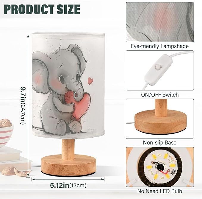 Table Lamp Elephant Love Heart Nightstand Lamp with Wood Base Fabric Lamp Shade Bedside Desk Lamp for Living Room Bedroom Kids Room Office