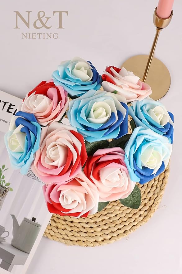 N&T NIETING Artificial Flowers Roses, 25Pcs Whimsical Blue Fake Foam Roses with Stems for DIY Wedding Bouquets Baby Shower Centerpieces Floral Arrangements Party Home Decor
