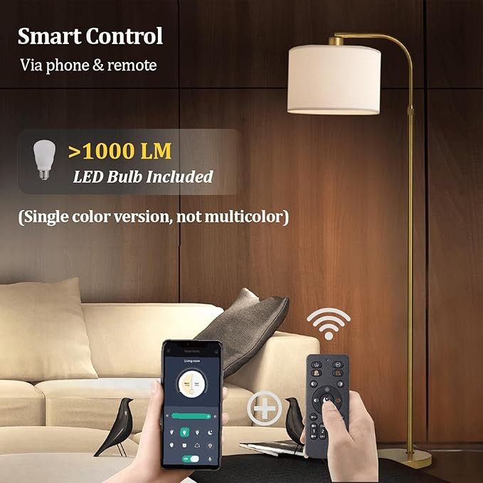 Gold Floor Lamp with Remote Control, Adjustable Height Dimmable Arc Floor Lamp for Living Room, Modern Gold Standing Lamp Dimmable for Bedroom, Office, 1000 Lumens LED Smart Bulb Included,