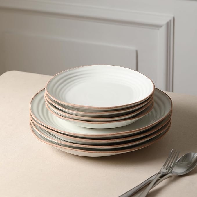 Stone Lain Nami 24-Piece Dinnerware - Stoneware, Plates and Bowls Set, Microwave and Dishwasher Safe, Dish for 8, White
