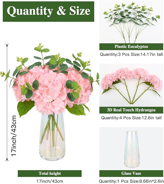 Tifuly Fake Hydrangea Artificial Flowers with Vase 4pcs Real Touch Faux Hydrangea with 3pcs Eucalyptus Stems for Wedding Centerpiece Home Party Table Decoration(Pink)