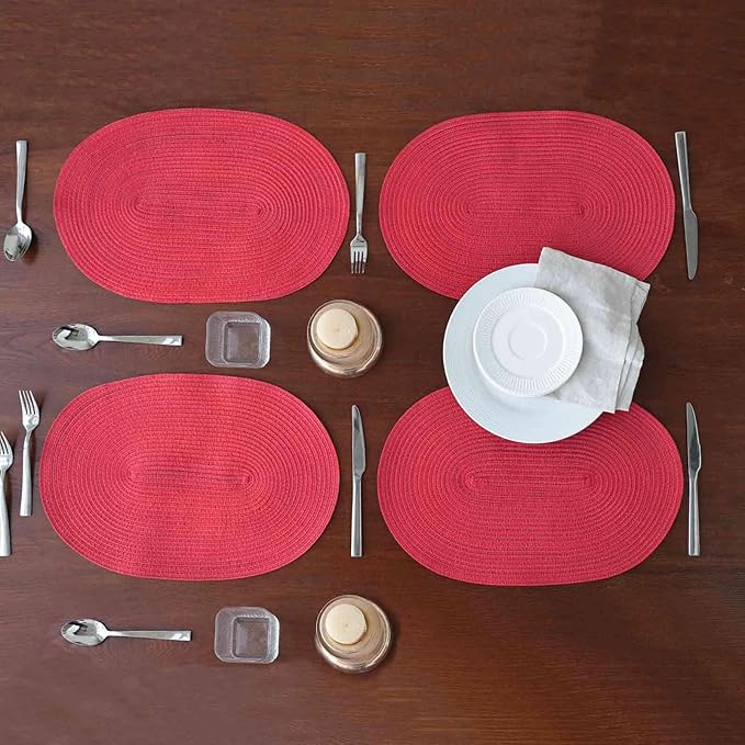 Noctiflorous Oval Braided Placemats Set of 6 Woven 12x18 Inch Non Slip Washable Heat Resistant Place Mats Round Tablemats for Dining Kitchen Party Daily Table Decor Dinner Mats (09 Red, 6)
